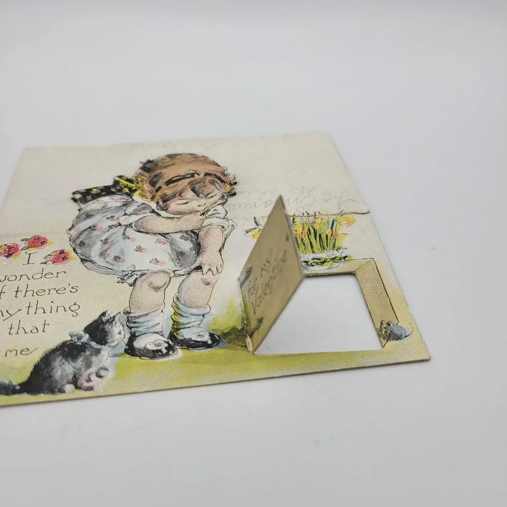 Vintage Valentine Card Girl Kitten Pop Up Die Cut Antique‎ Valentines Day